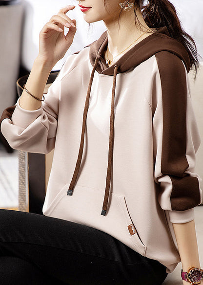 Apricot Hooded Pockets Patchwork Cotton Sweatshirt Fall