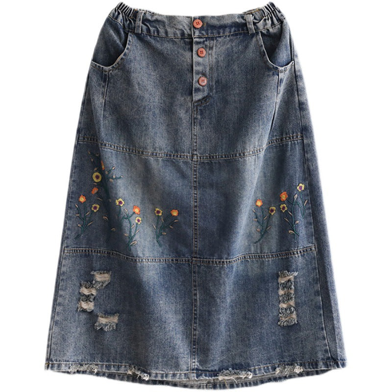 Denim Shredded Embroidered A-line Skirt
