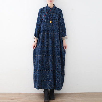 Blue Loose Button Linen Print Dress