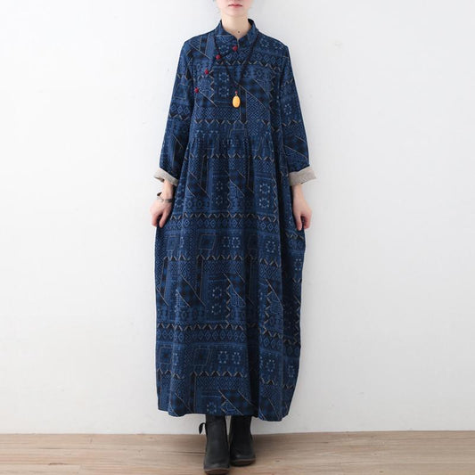 Blue Loose Button Linen Print Dress