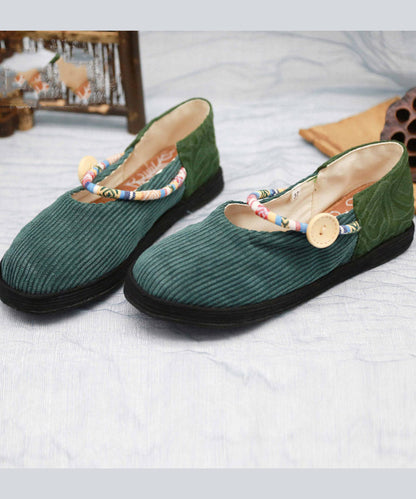 Green Flat Feet Shoes Cotton Fabric Buckle Strap Flat Shoes