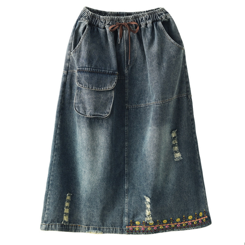 Embroidered Ripped Denim Slim A-line Skirt