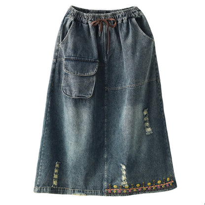 Embroidered Ripped Denim Slim A-line Skirt