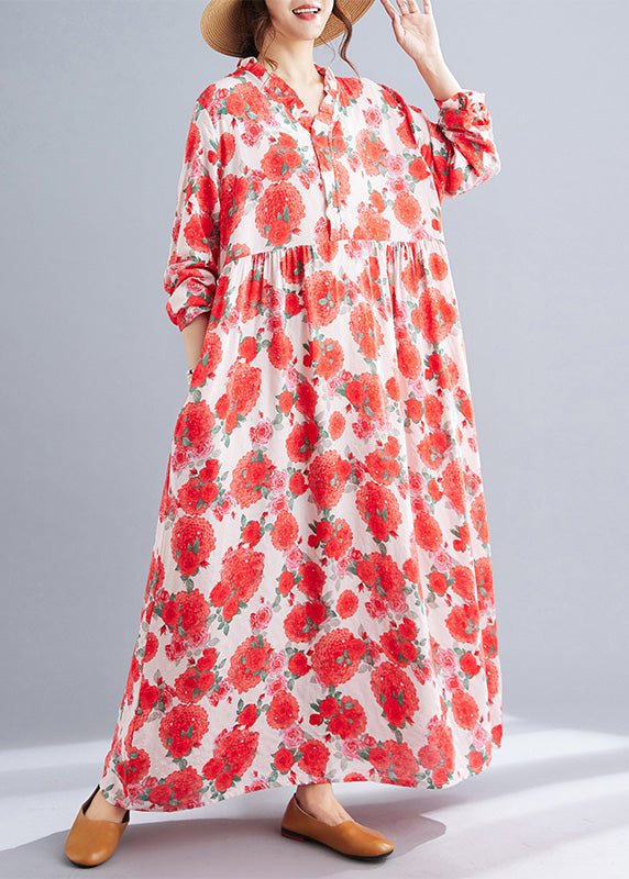 Red Oversized Print Cotton Holiday Dresses Spring