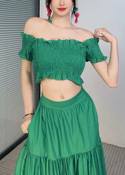 Green Slash Neck Ruffled Top and Maxi Skirts Two Piece Set Summer