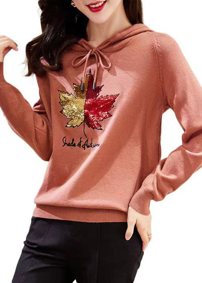 Rubber Red Hooded Embroidered Patchwork Cotton Top Fall
