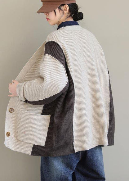 Aesthetic Beige Knit Tops V Neck Button Down Knitted Clothes