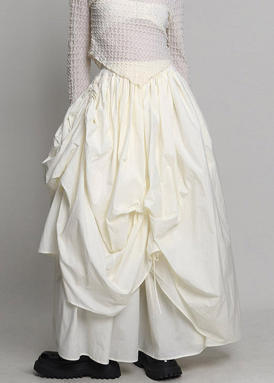Beige Lace Up Wrinkled Elastic Waist Cotton Skirt Spring