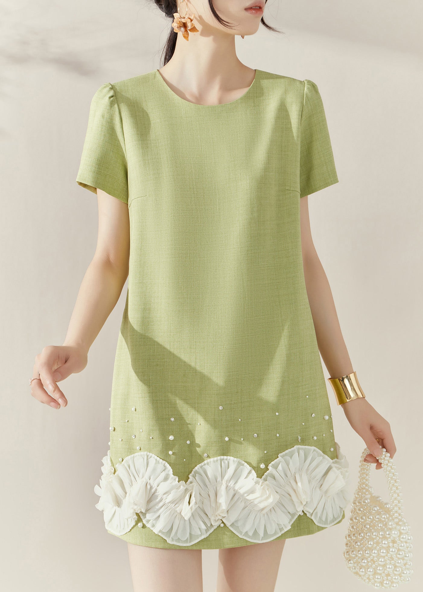 Stylish Green O-neck Mid Dresses Short Sleeve