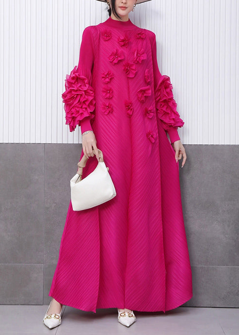 Rose Stand Collar Decorated Long Dresses Summer