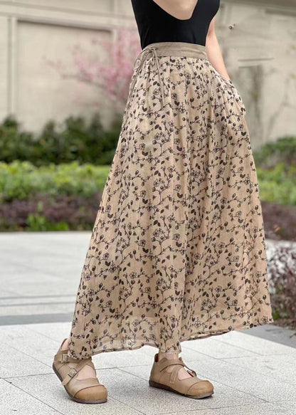 Pink Wrinkled Pockets Print Patchwork Linen Skirts Summer