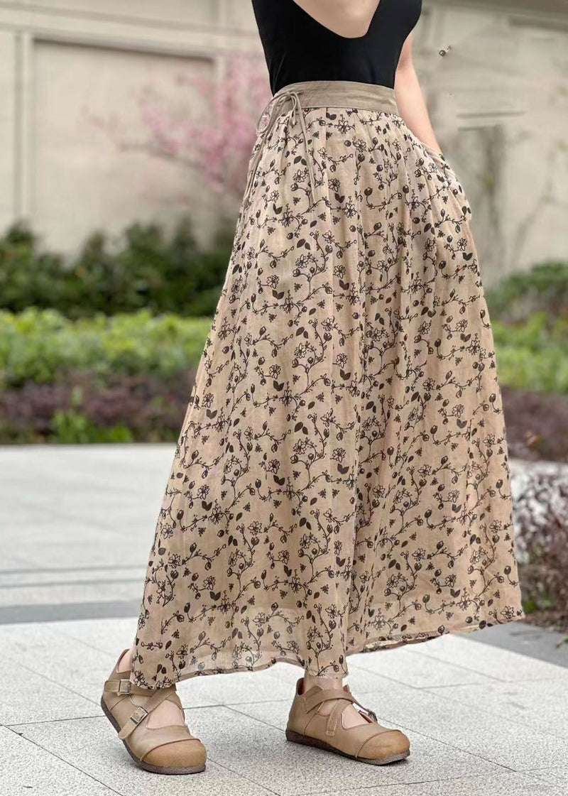 Pink Wrinkled Pockets Print Patchwork Linen Skirts Summer