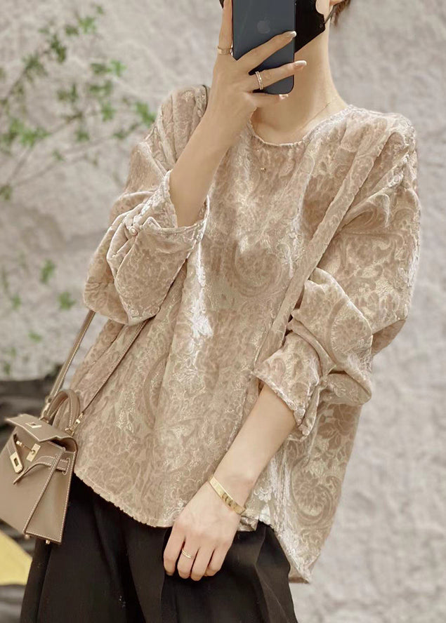 Jacquard Khaki O Neck Silk Velour Shirt Fall