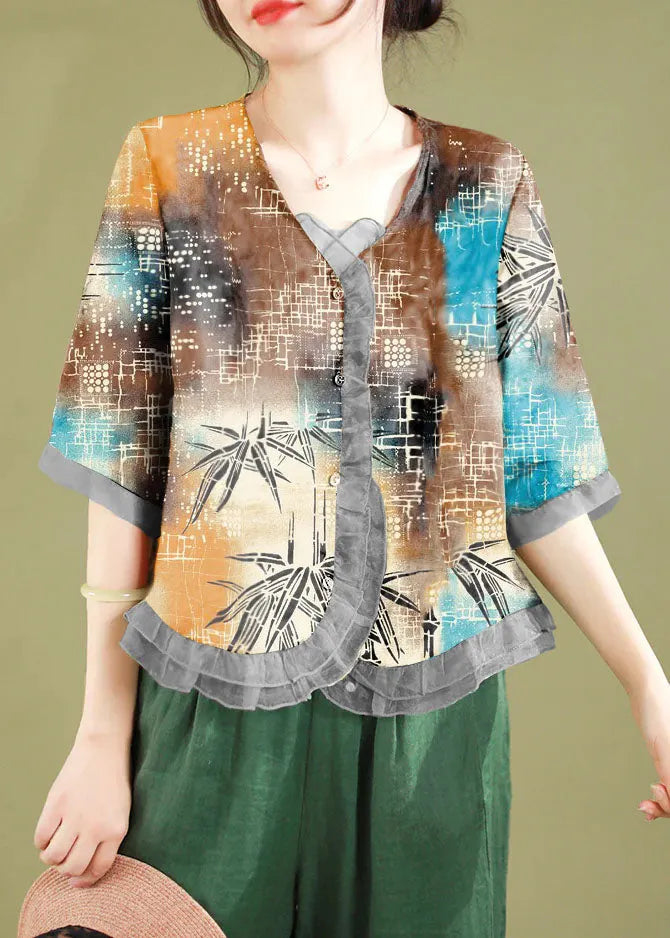 Red Ruffled Button Patchwork Linen Blouse Top Summer