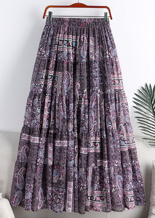 Purple Print High Waist Draping a Line Skirts Spring