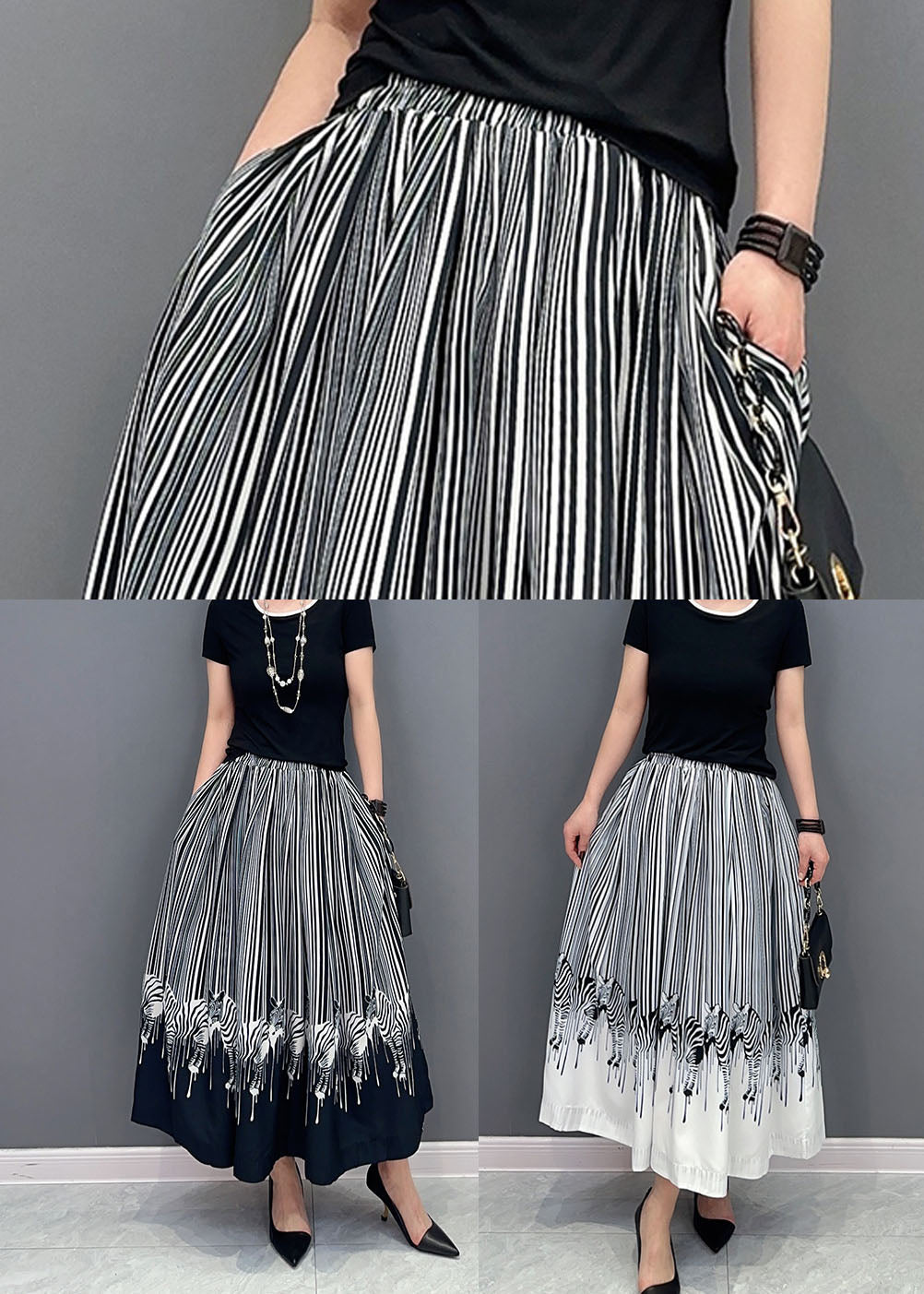 Black Oversized Zebra Pattern Cotton Skirts Spring