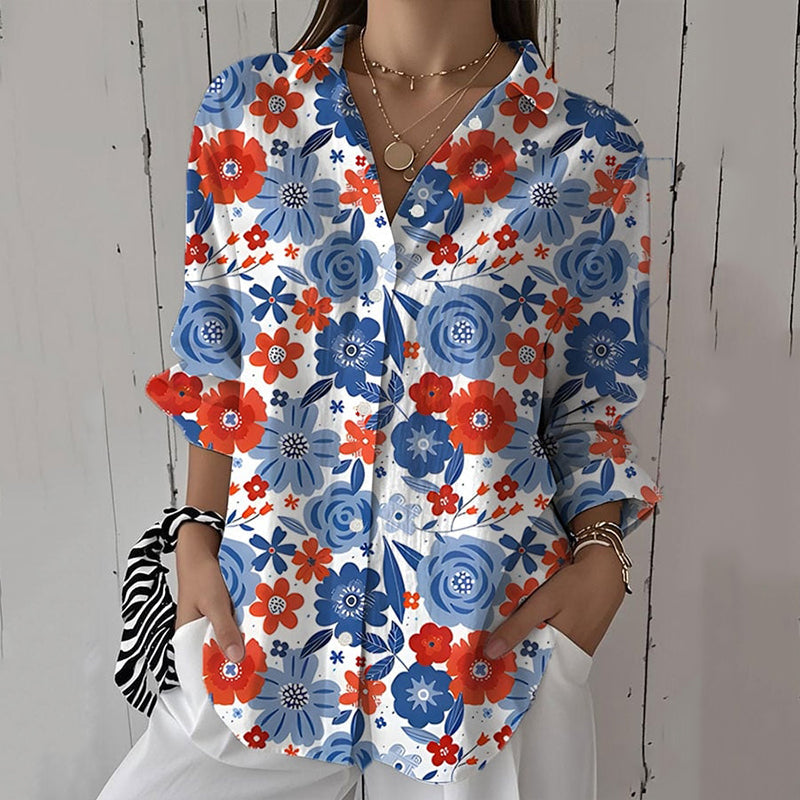 Women's Vintage Casual Independence Day Patriotic Floral Print Shirt elevenforest