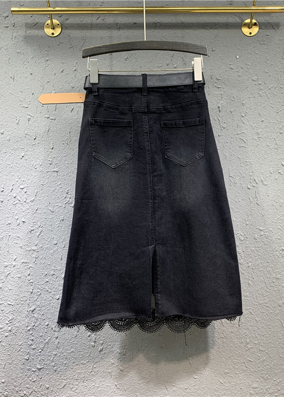 Black Lace Pockets Patchwork Denim Skirt Fall