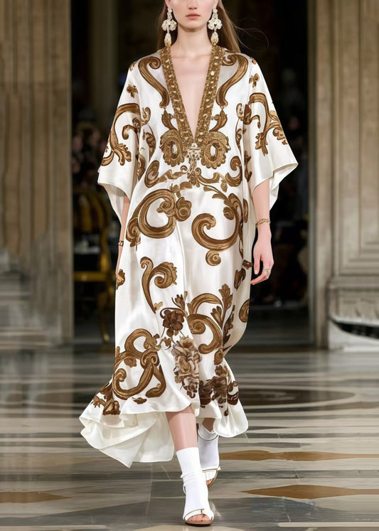 Coffee Oversized Print Silk Maxi Dresses Summer