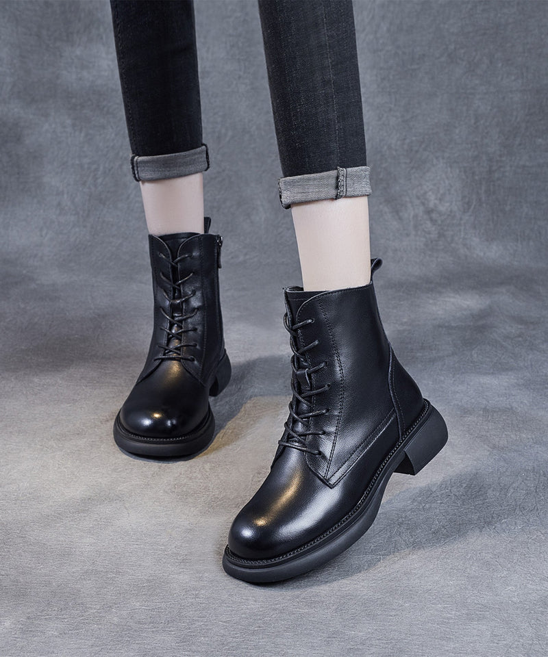 Black Lace Up Warm Fleece Cowhide Leather Ankle Boots