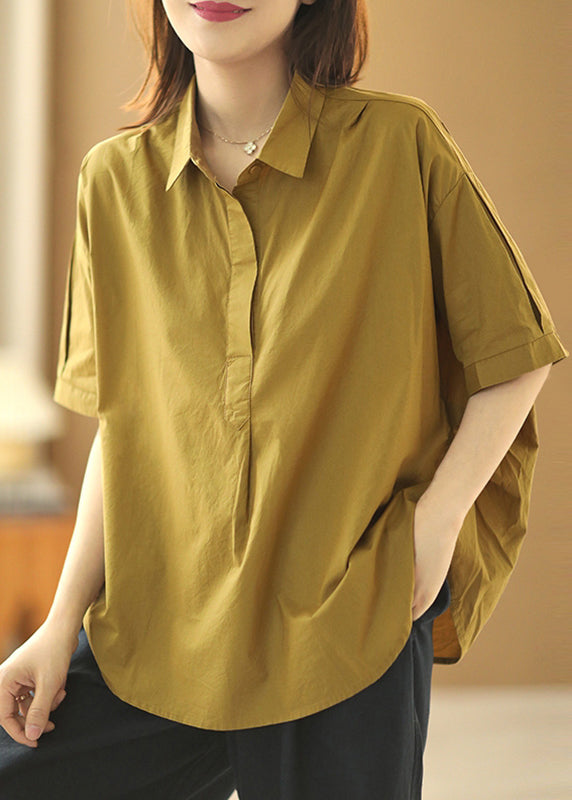 Khaki Peter Pan Collar Patchwork Cotton Shirts Summer