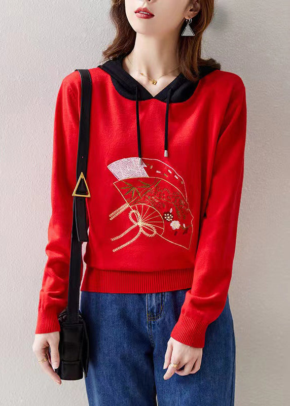 Red Hooded Embroidered Patchwork Knit Top Fall