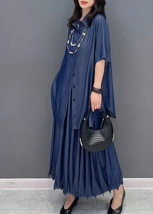 Natural Blue Peter Pan Collar Button Shirts and Maxi Skirts Two Piece Set Summer