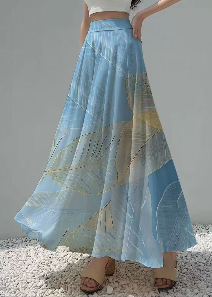 Sea Blue Leaf Print Chiffon Holiday Skirt Summer