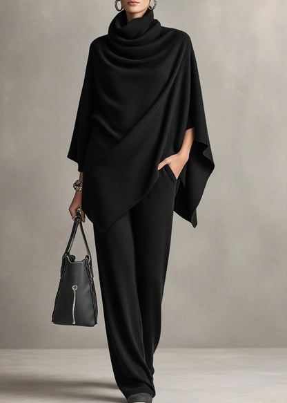 Loose Camel Turtleneck Pockets Tops and Pants Two-piece Set