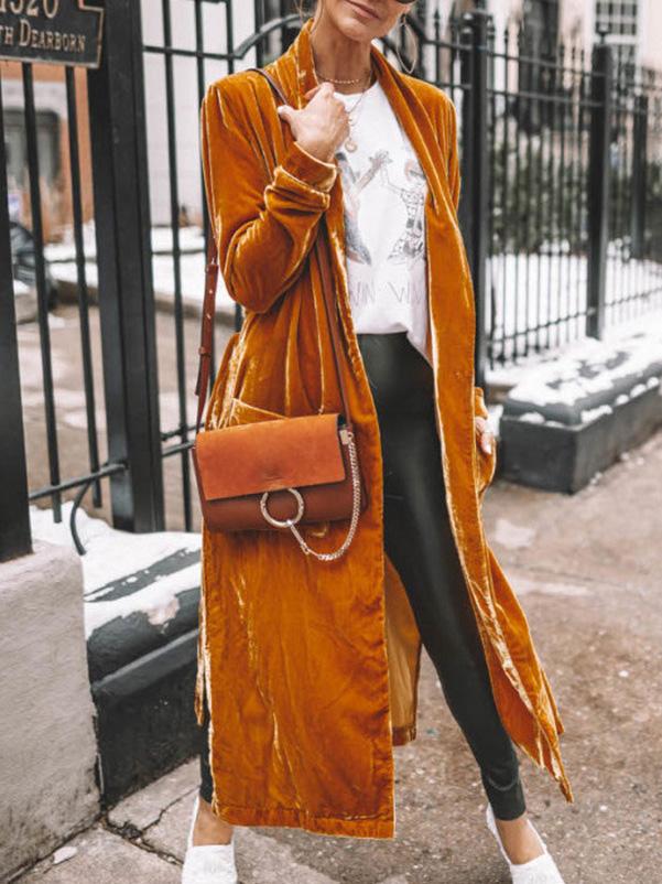 Coats Loose Gold Velvet Long Sleeve Long Cardigan Coats