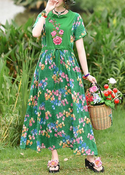 French Green Print Cotton Clothes Tie Waist Embroidery Cotton Robes Summer Dress