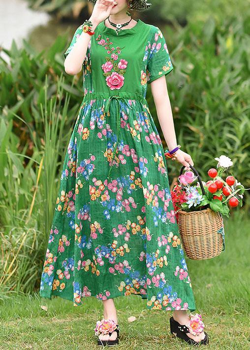 French Green Print Cotton Clothes Tie Waist Embroidery Cotton Robes Summer Dress