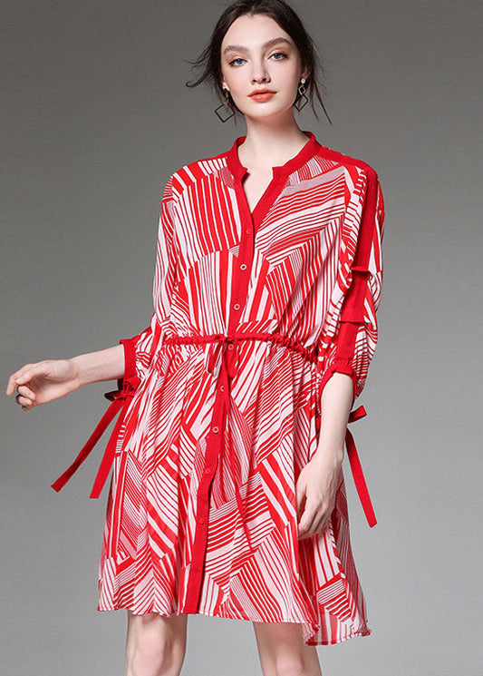 Boutique Red Tie Waist Cinched Print Fall Chiffon Half Sleeve Vacation Dresses