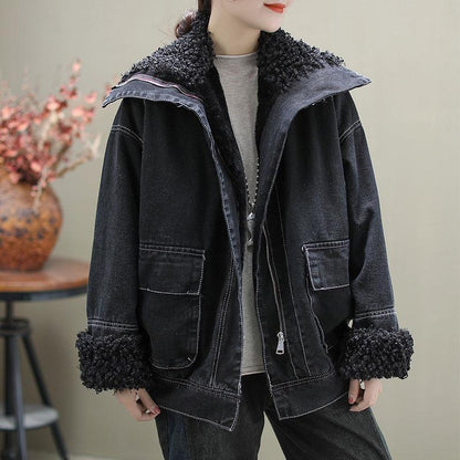 Winter Velvet Retro Denim Jacket