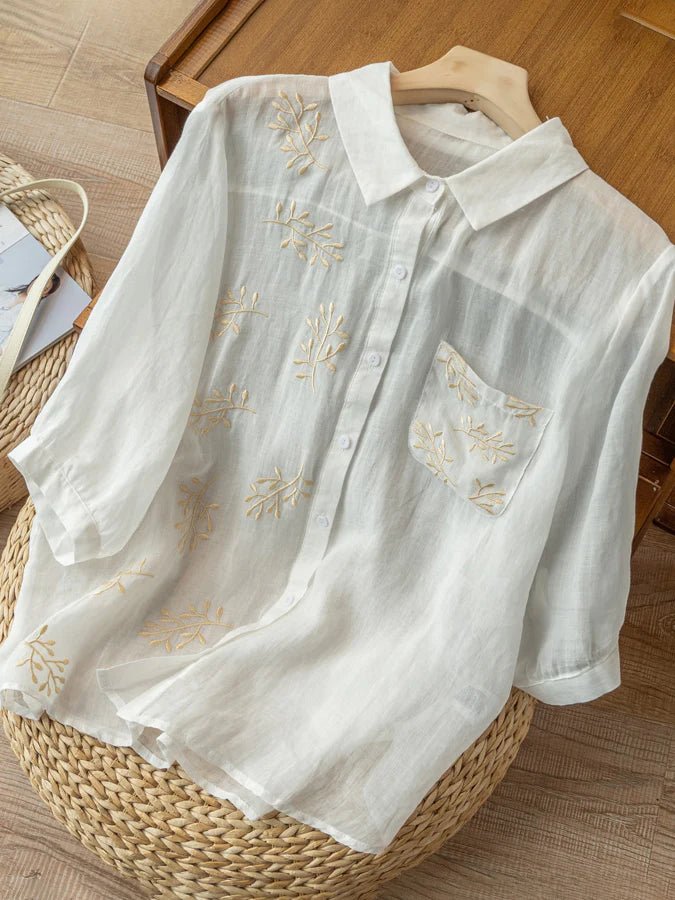 Embroidered 3/4 Sleeve Linen Shirt Top With a Patch Pocket