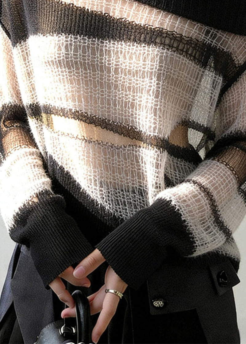 New White Hollow Out Cozy Patchwork Thin Knit Sweater Spring