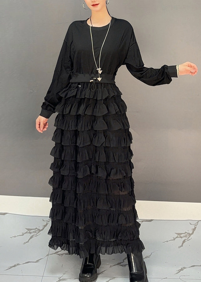 Loose Black O-neck Patchwork Chiffon Maxi Dresses Spring