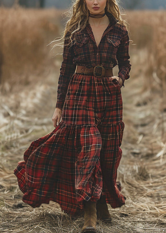 Retro Plaid Pockets Long Sleeve Pastoral Dresses