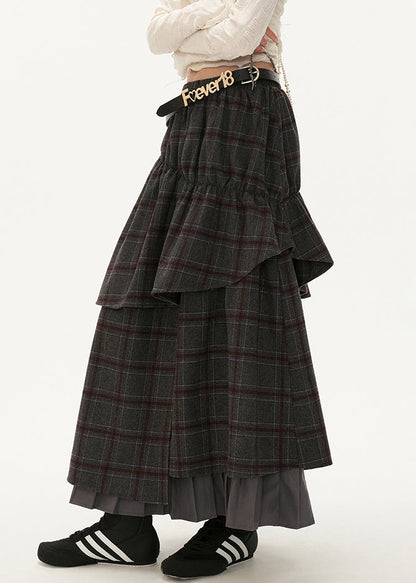 Grey Plaid False Two Pieces Patchwork Cotton Skirts Spring