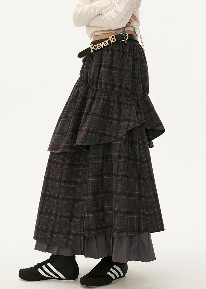 Grey Plaid False Two Pieces Patchwork Cotton Skirts Spring