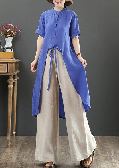 Blue Linen Clothes Stand Collar Asymmetric Knee Blouses