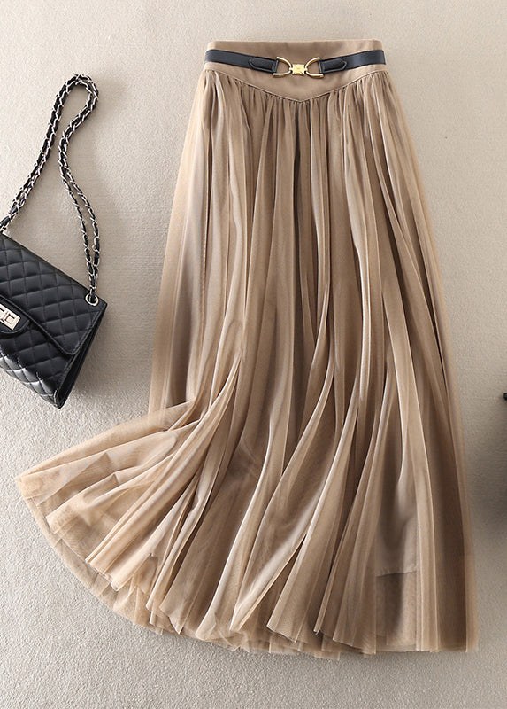 Green Wrinkled Elastic Waist Patchwork Tulle Skirts Fall