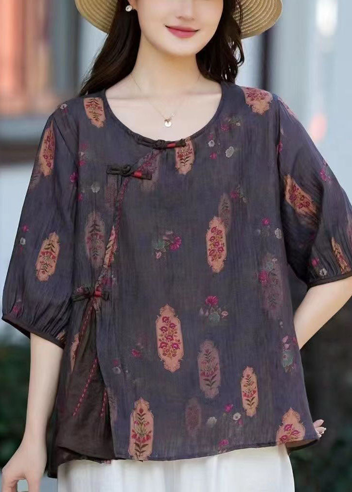 Camel O Neck Print Chinese Button Patchwork Cotton T Shirt Summer