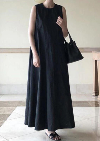 Handmade Black Linen Dresses O Neck Sleeveless Cotton Robes Summer Dresses