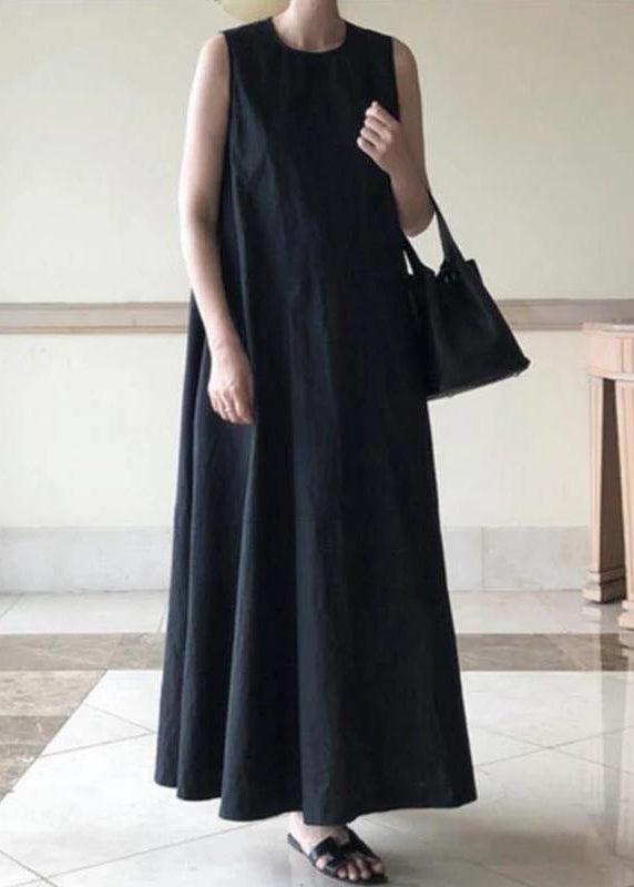 Handmade Black Linen Dresses O Neck Sleeveless Cotton Robes Summer Dresses