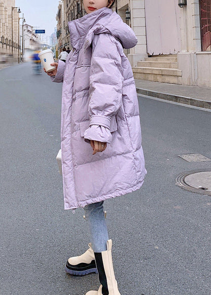Red Pockets Hooded Drawstring Duck Down Coat Winter