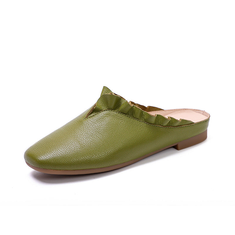 Leather Ruffle Trim Slippers