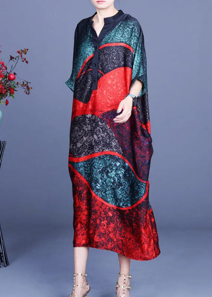 Color Block Bat Wing Sleeve Print Silk Dress