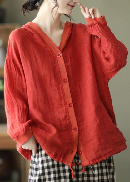 French Red Button Hooded Ramie Long Sleeve Shirt Tops