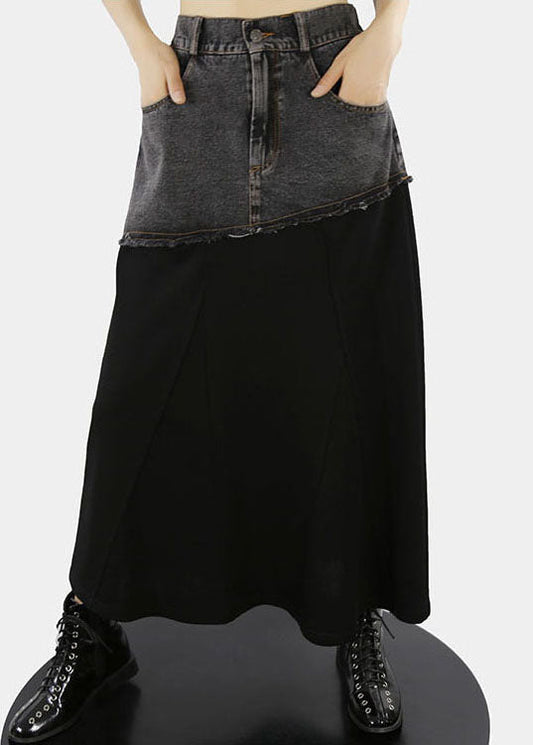 Black Elastic Waist Pockets a Line Skirts Spring